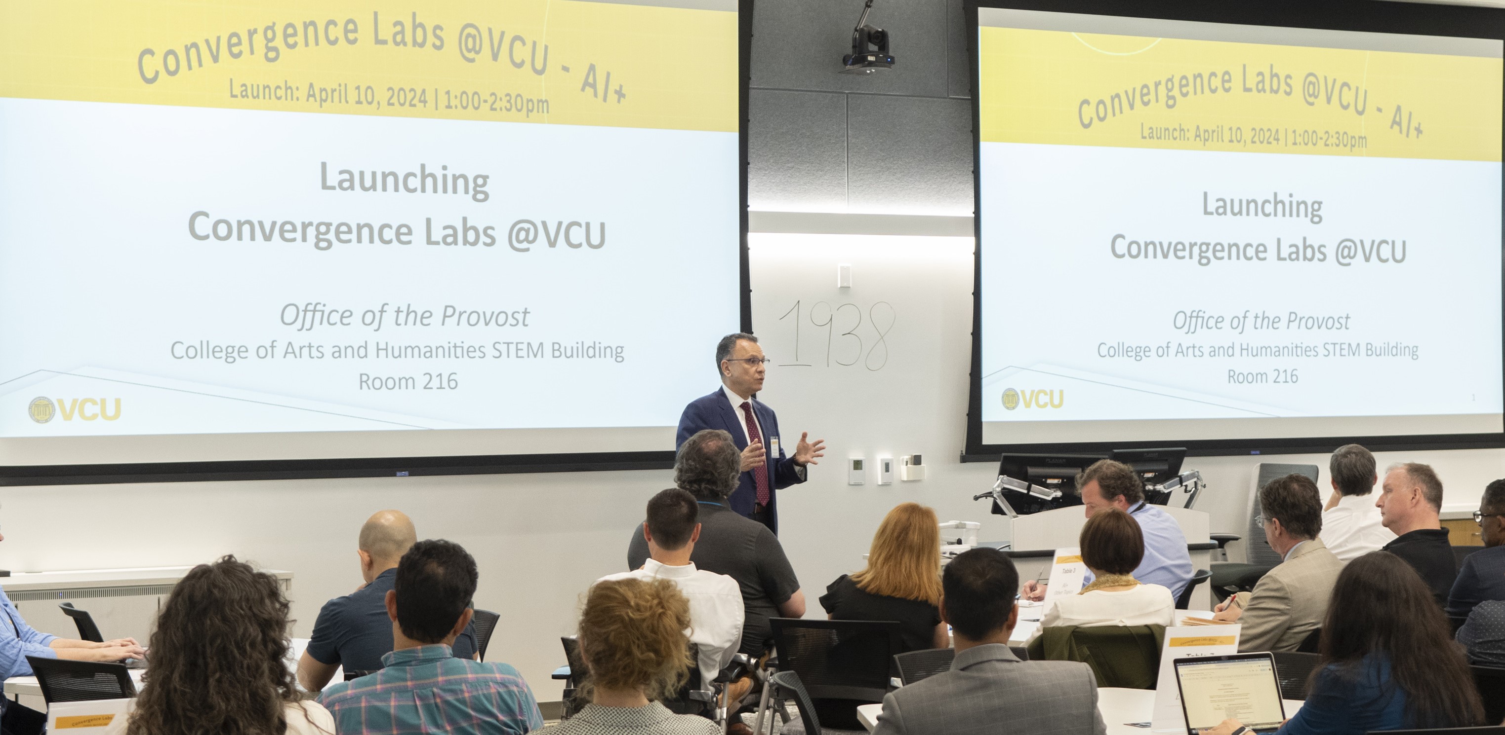 Image of Provost addressing attendees at Convergence Labs launch event.